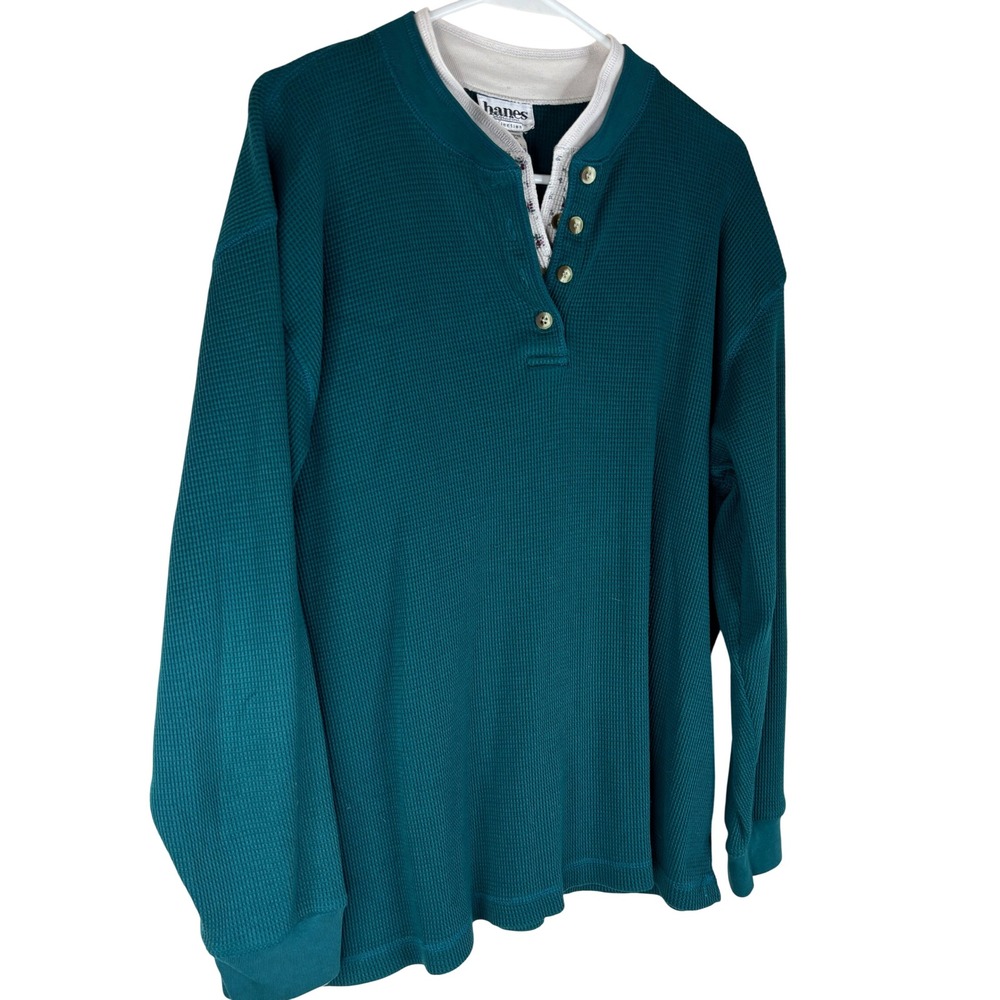 Hanes Henley Shirt Womens 2X Teal Green Waffle Knit Long Sleeve Floral Trim Top